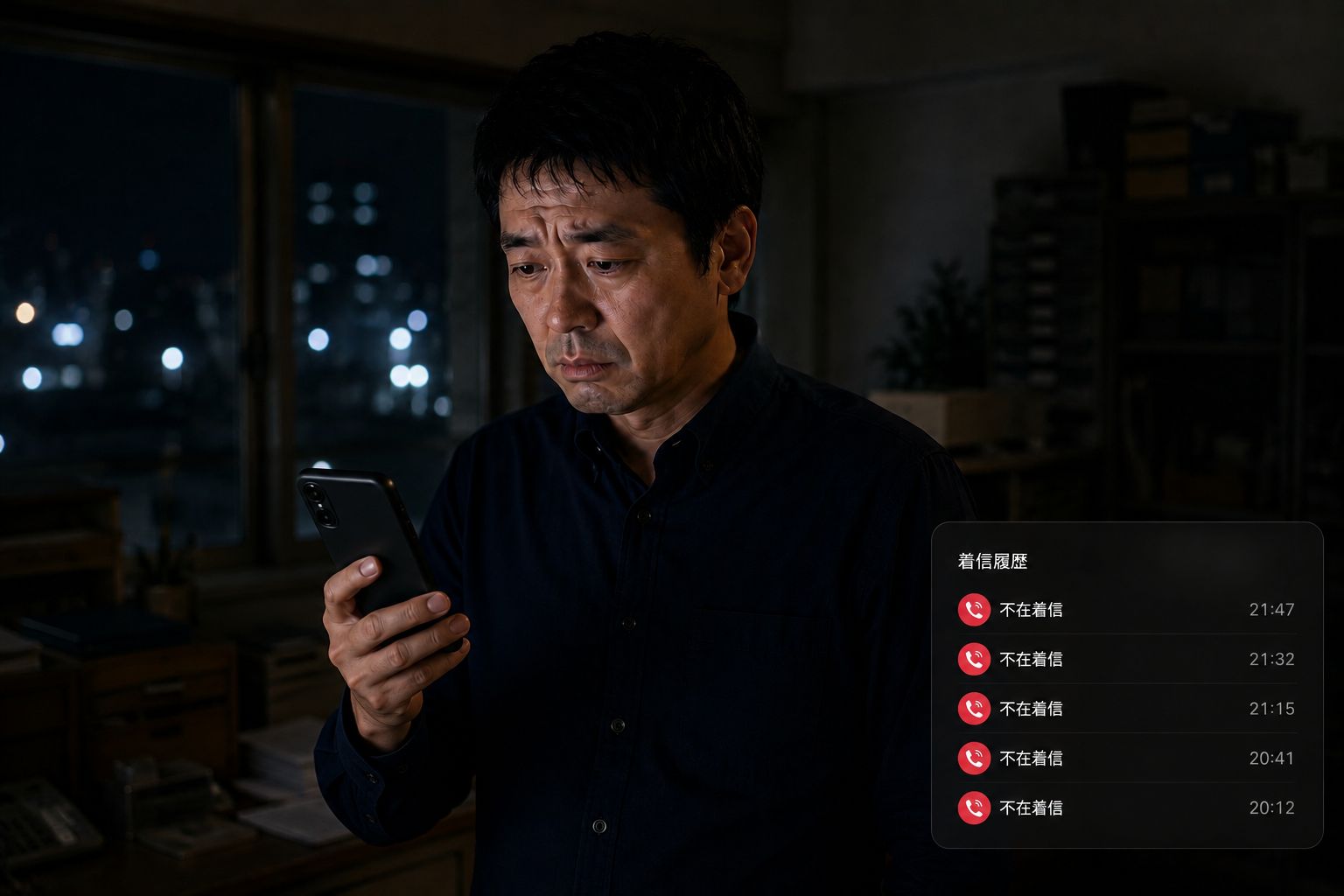 閉店後、不在着信の履歴を見つめる経営者