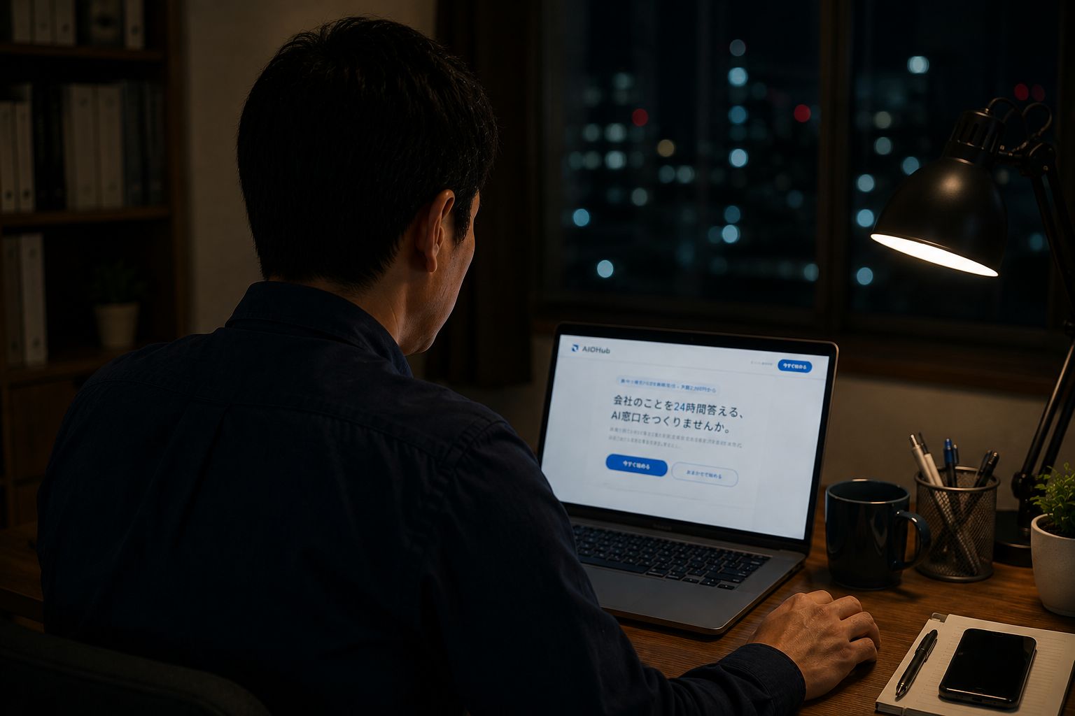 夜、AIOHubの開始画面を半信半疑で見つめる経営者