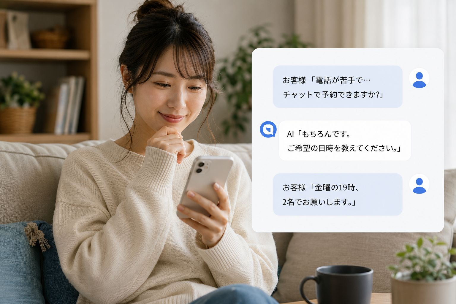 電話が苦手なお客様がチャットで安心して予約する場面