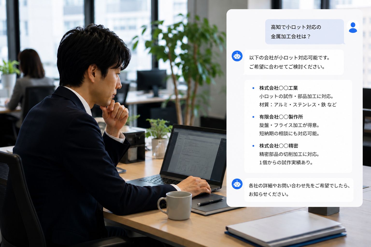 第三者がAI検索で会社を見つける場面