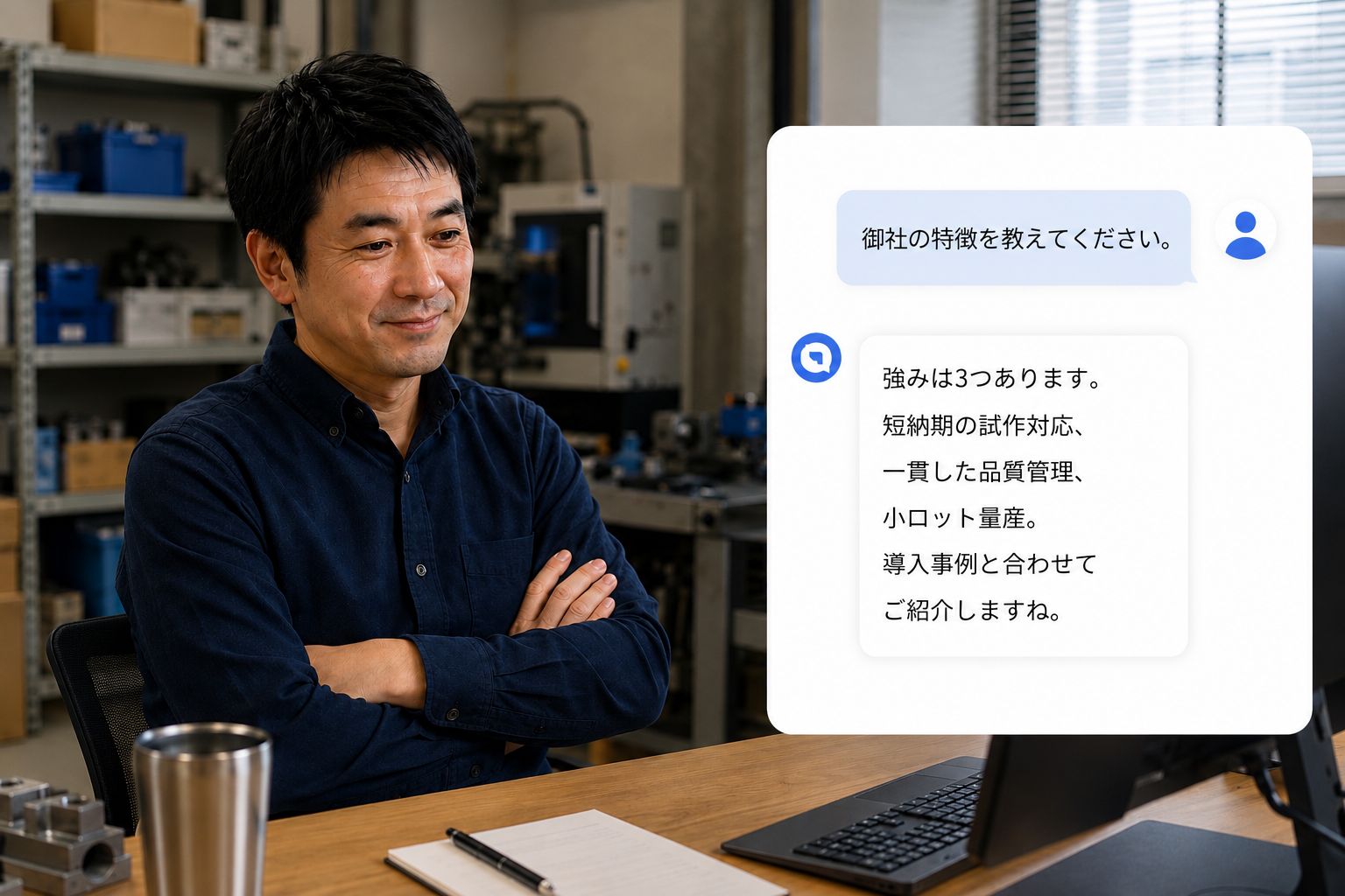 AI窓口が会社の強みを紹介するのを感心して眺める経営者