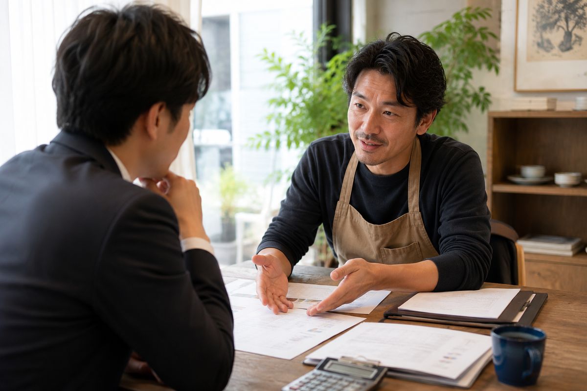 テーブルを挟んで大事な相談にじっくり向き合う店主