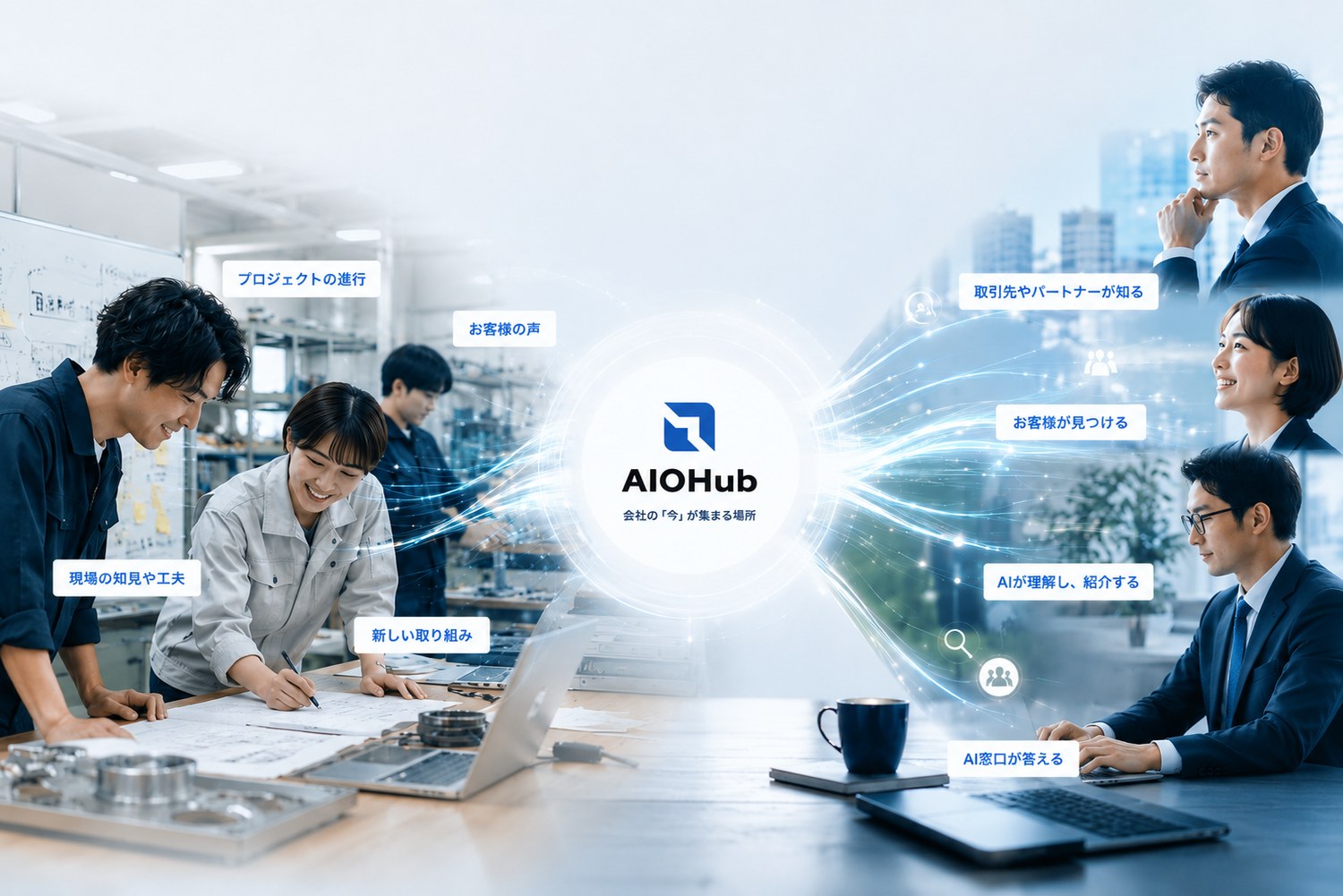 現場の知見や工夫、プロジェクトの進行、お客様の声、新しい取り組みがAIOHubに集まり、取引先やパートナーが知る・お客様が見つける・AIが理解し紹介する・AI窓口が答える、という流れの図