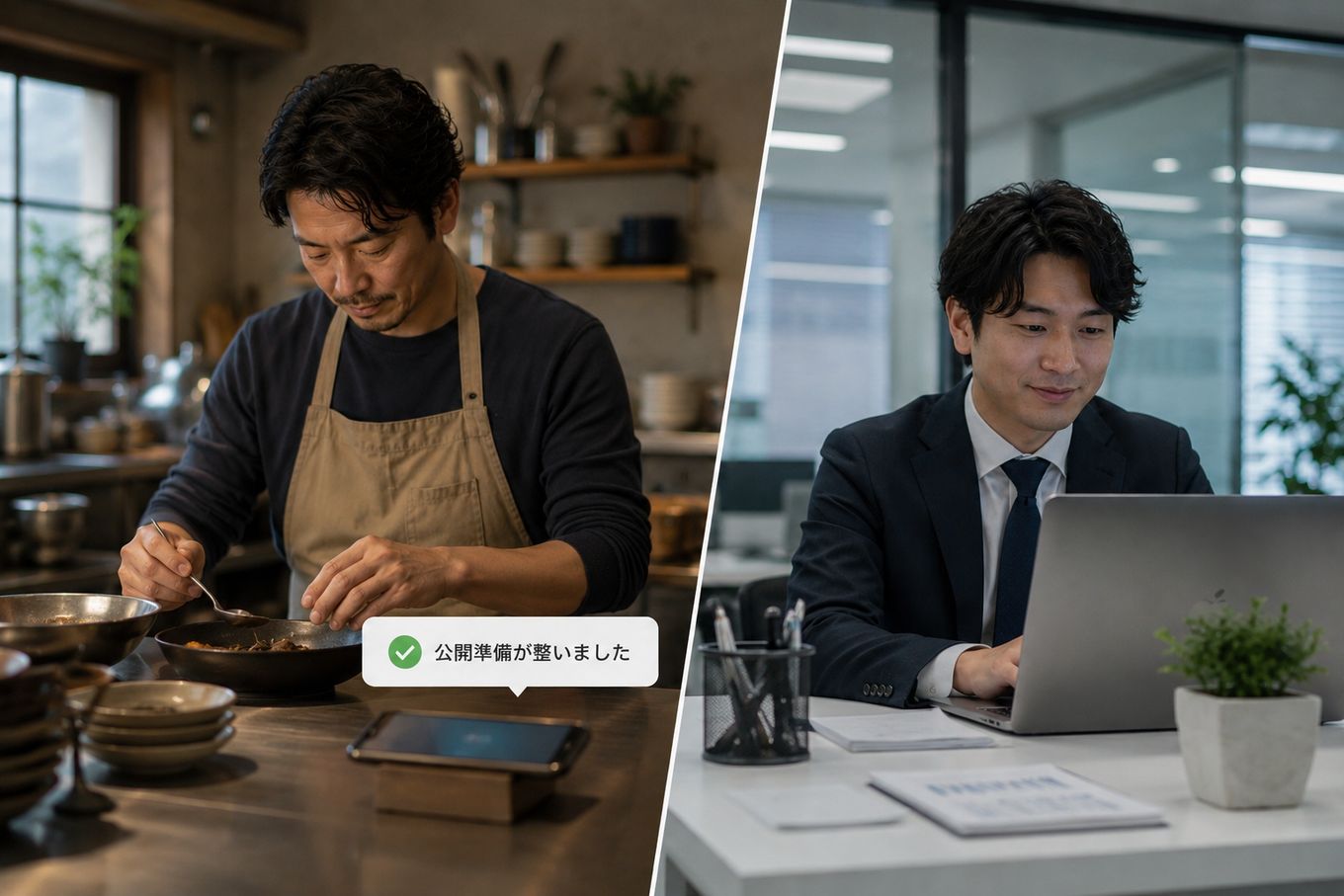 本業の調理を続ける店主のそばに「公開準備が整いました」の通知が届く様子