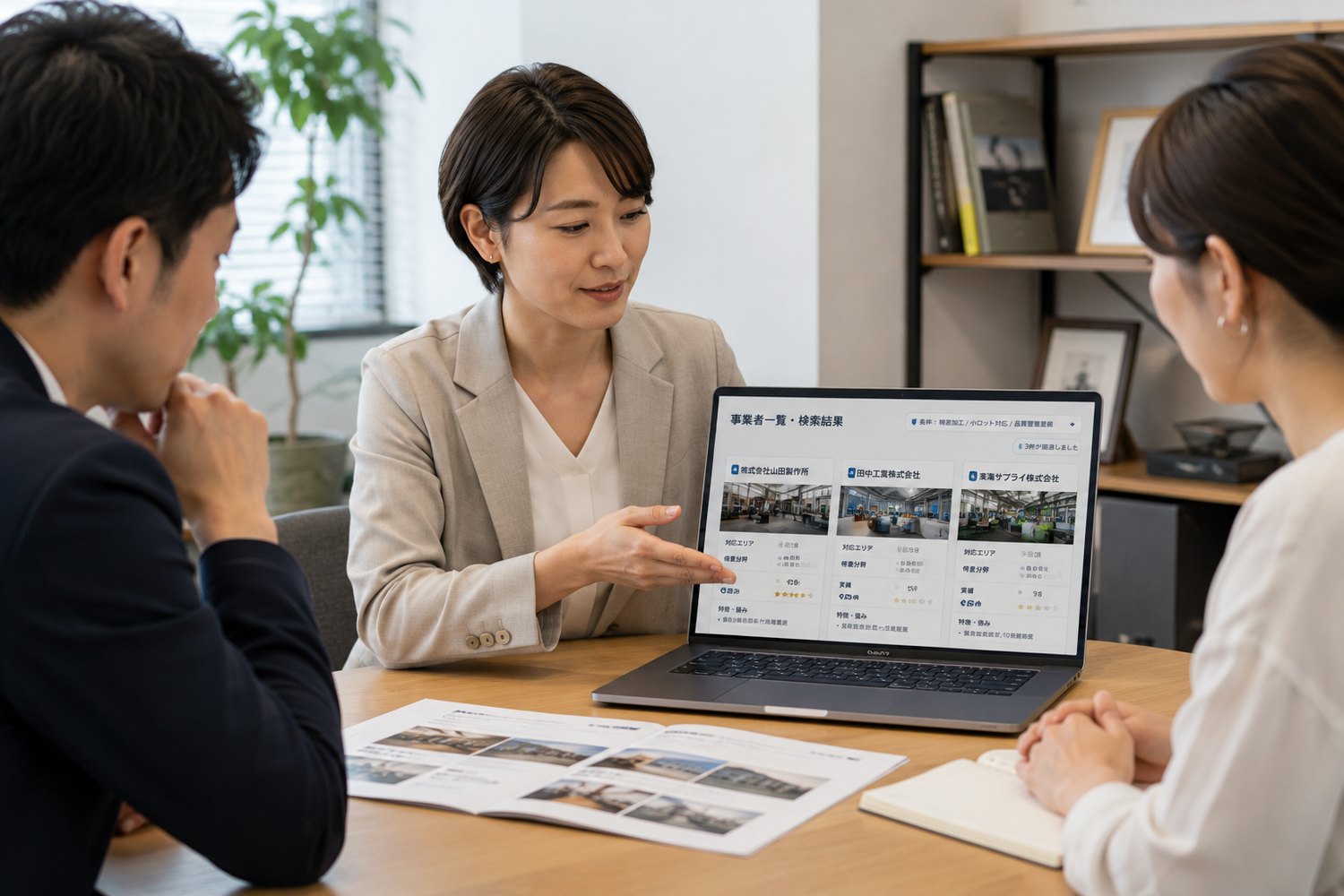 束ねる側の担当者が、事業者一覧の画面を相談者に示しながら候補を案内している写真
