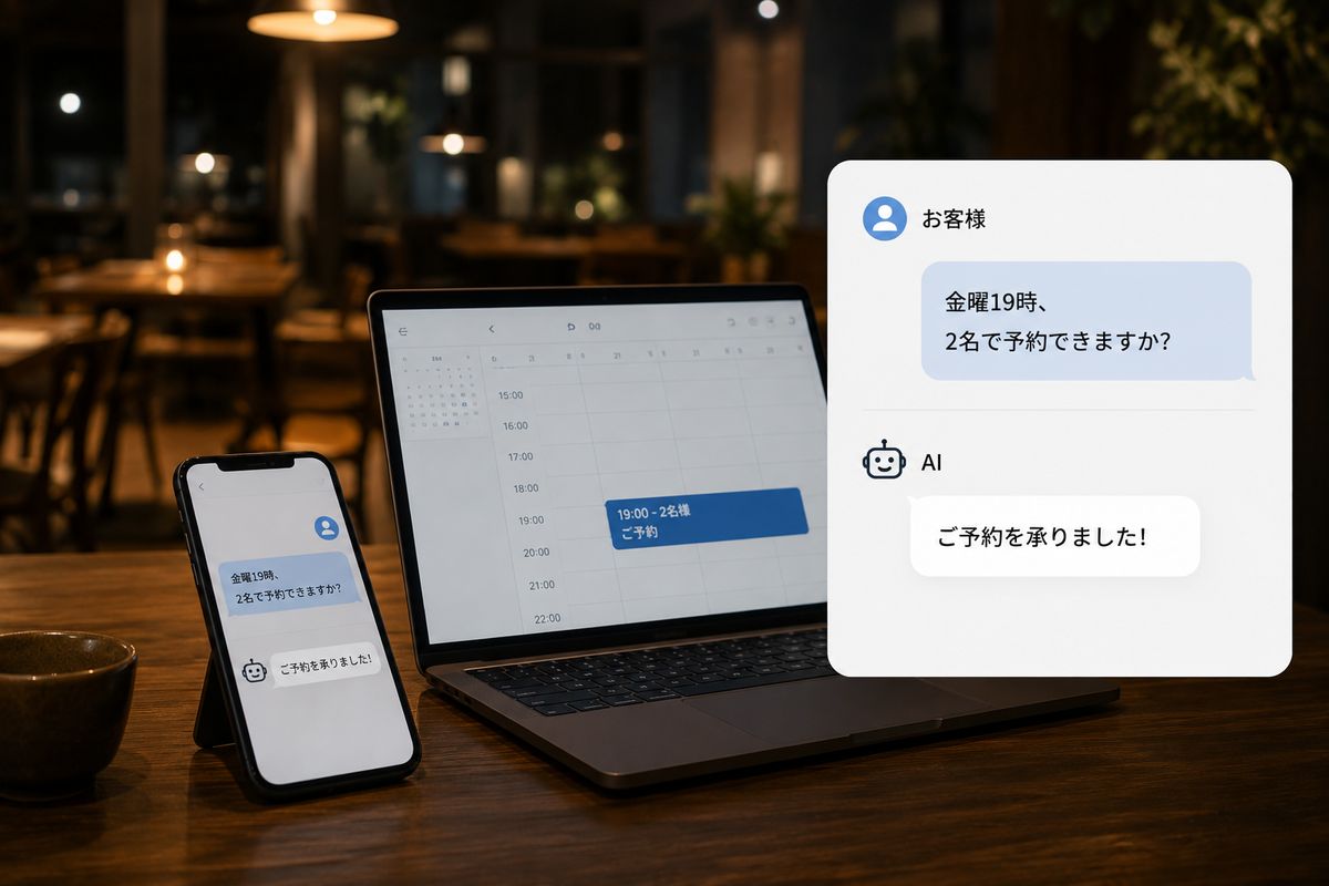 夜の店内で、チャットの予約がカレンダーに反映される様子