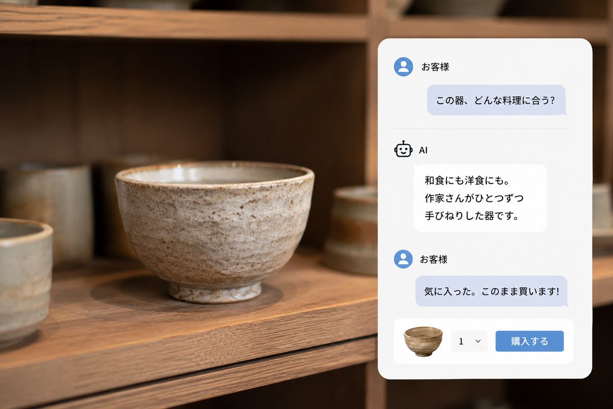 店の棚の器についてAIが解説し、そのまま購入に進む体験のイメージ